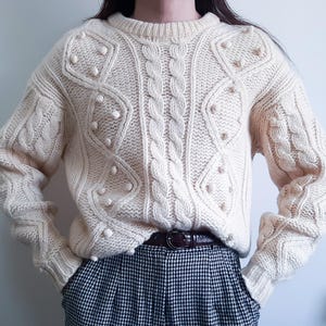 Vintage Cream Fisherman Cable Knit Sweater Cream Wool Irish Aran Sweater Pom Pom Sweater Pullover Wool Sweater Chunky Sweater