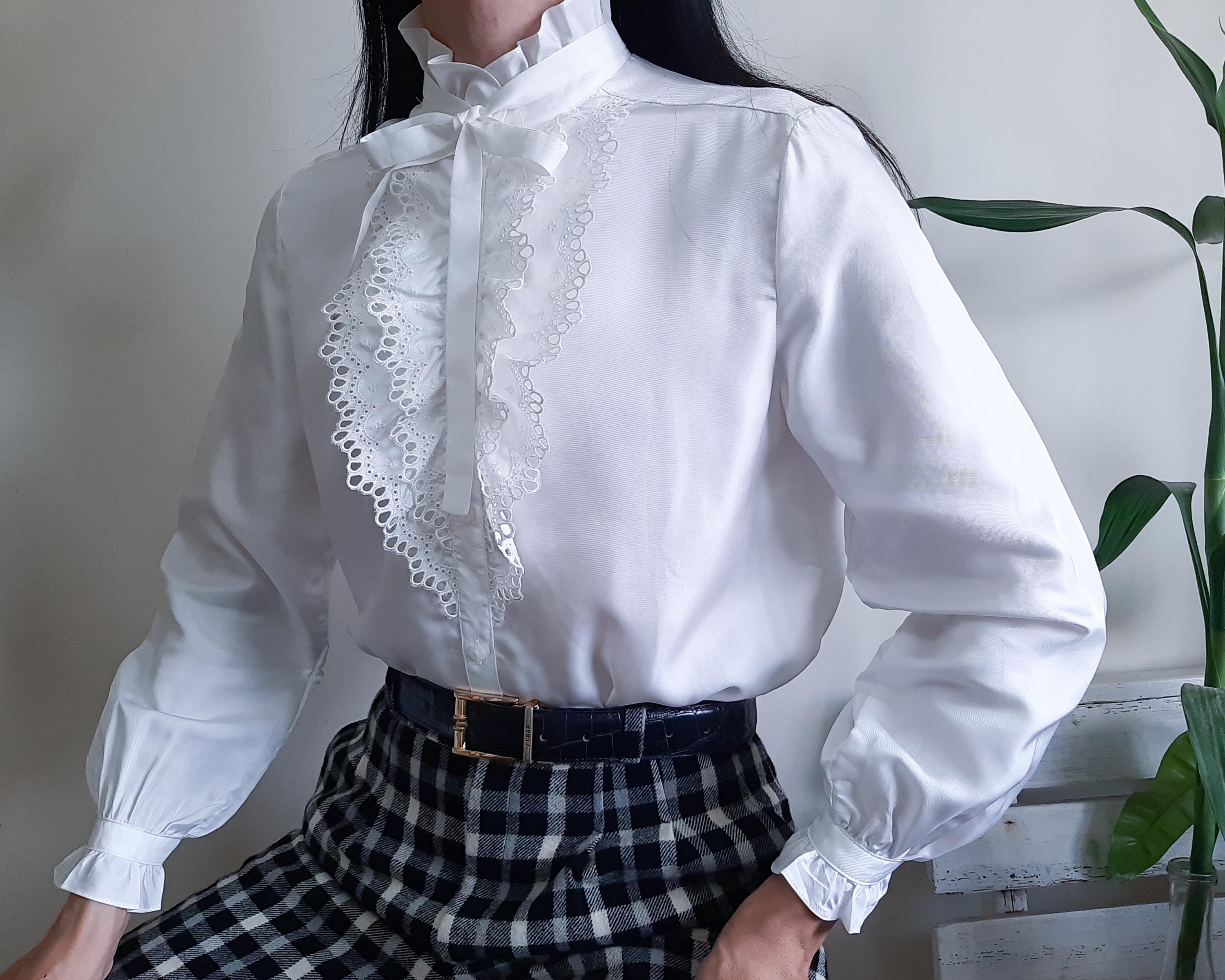 Chemisier D'été Blanc Avec Jabot Volant Et Dentelle - Tailles 38/40/42, Coton/polyester, Occasion