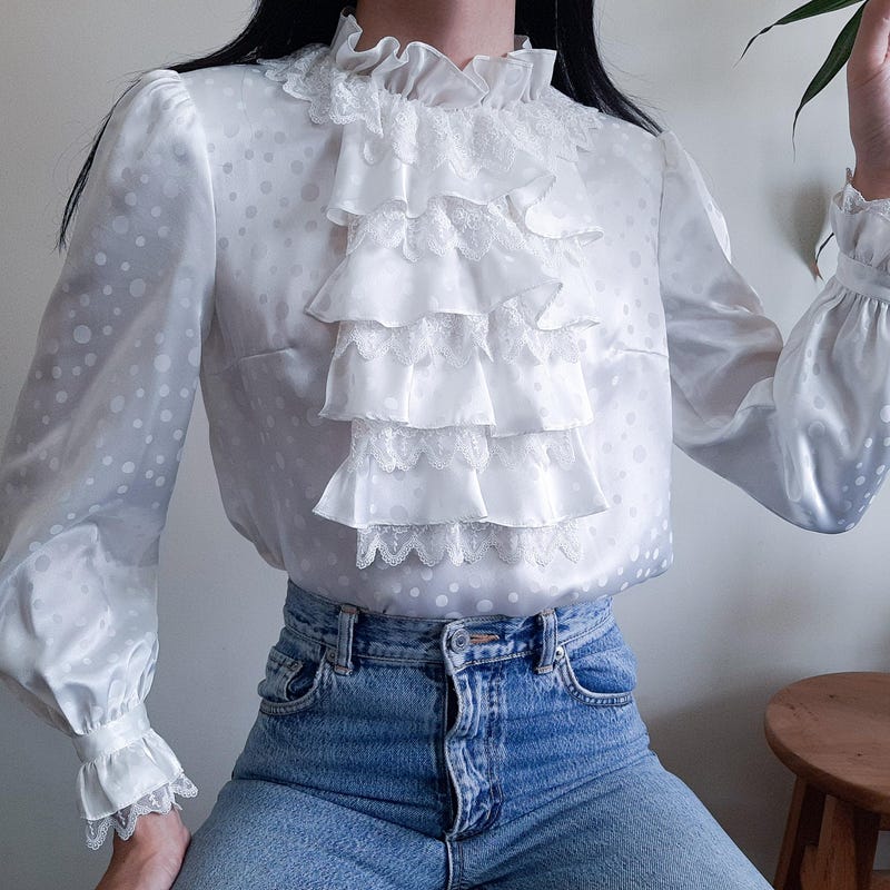 White Ruffled White Ruffle Blouse - Etsy