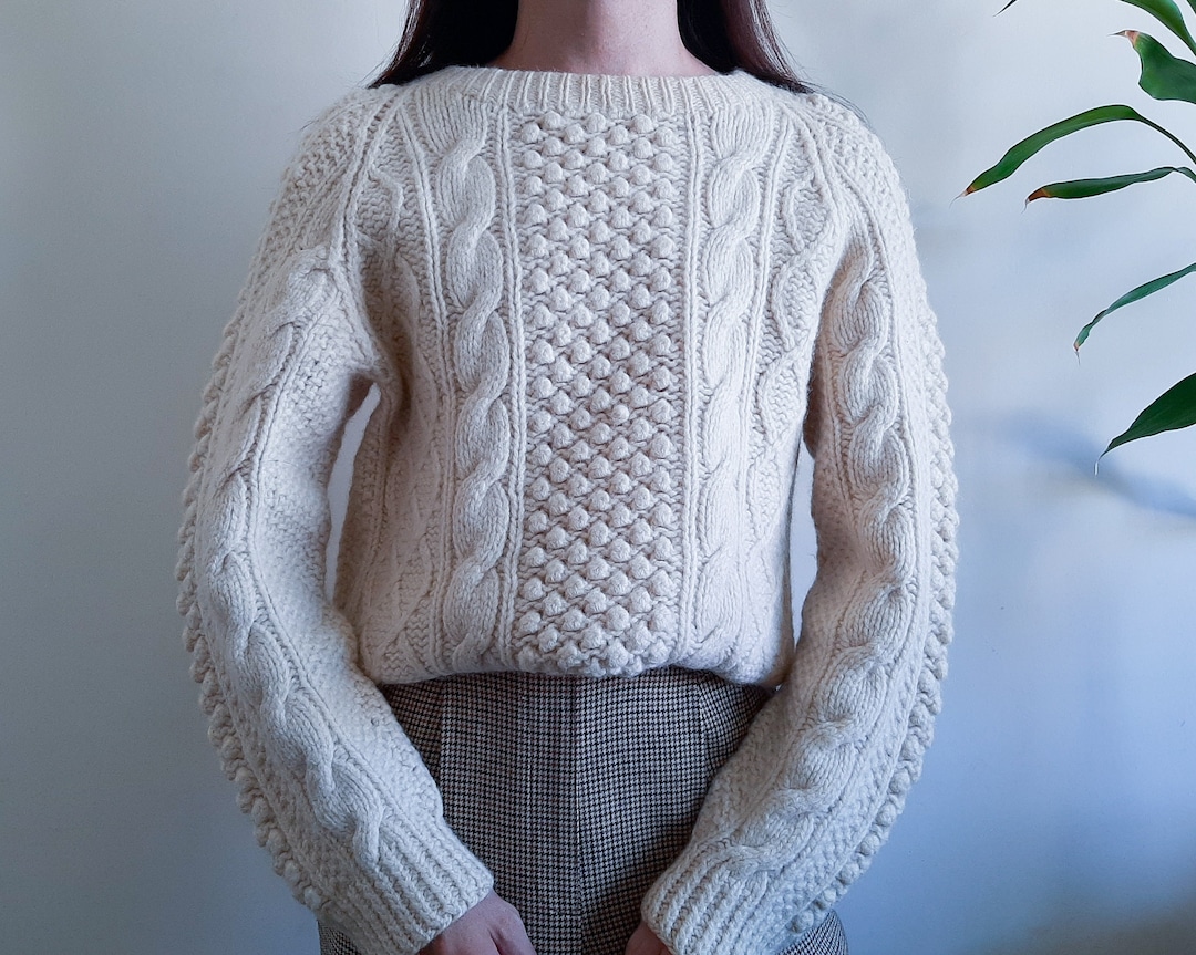VTG Women’s Cream Cable Knit Mockneck Sweater – Cotton, Size Medium