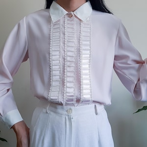 Vintage Pastel Pink Blouse Romantic Pink White Shirt Feminine Blouse Minimalist Blouse With Shoulder Pads