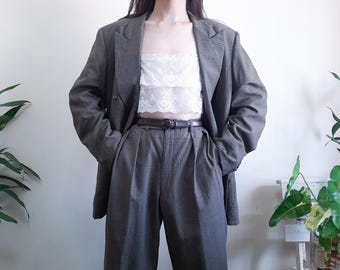 Vintage Brown Plaid Wool Suit 2 Piece Set Trousers And Double-Breasted Blazer Fox Fabric Made in England Unisex Suit Mens Suit Style