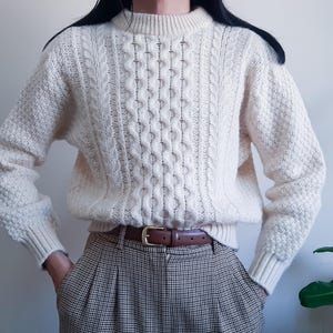 Vintage 70s Cream Fisherman Irish Aran Sweater Wool Chunky Cable Knit Sweater High Neck Long Sleeve Jumper Sweater Made in UNITED KINGDOM