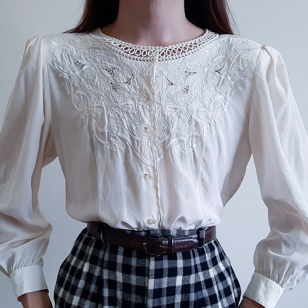 Vintage 60s 70s Hand Embroidered Silk Blouse Eyelet blouse Puff Sleeve Shoulder Pads Romantic Chinese Top Button Up Size S Cream Silk Blouse