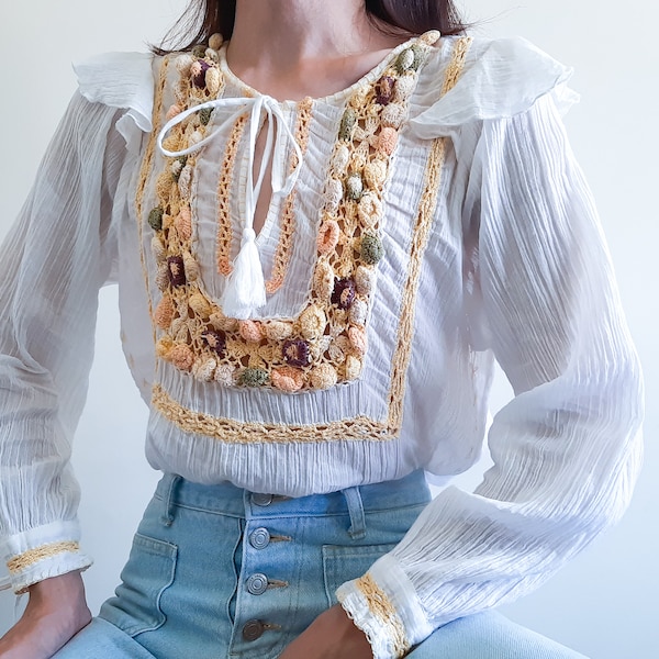 ANTIK BATIK White Cotton Boho Tunic Blouse Hand Floral Knit Top 100% Cotton Crinkle Blouse Pleated Blouse Bohemian Tunic Blouse Size S 38