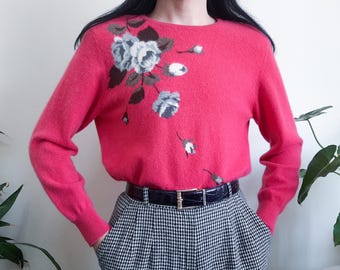 Vintage 100% Cashmere Sweater Pink Fluffy Sweater Rose Sweater Pullover Sweater With Shoulder pads Long Sleeve Solf Cashmere Sweater