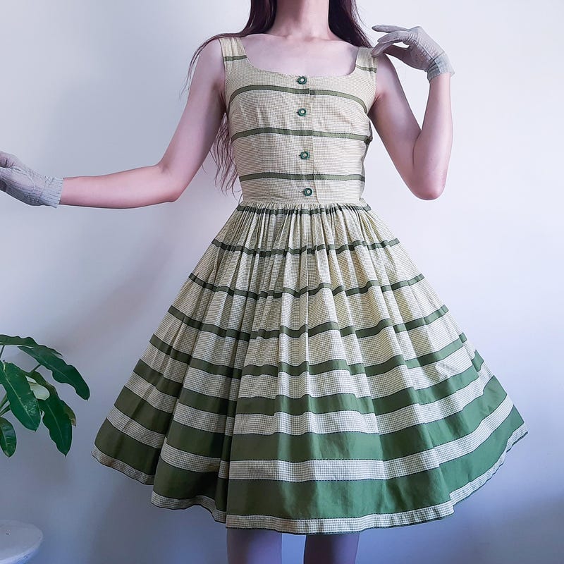 1950s Sage Green Day Dress with Gingham Trim