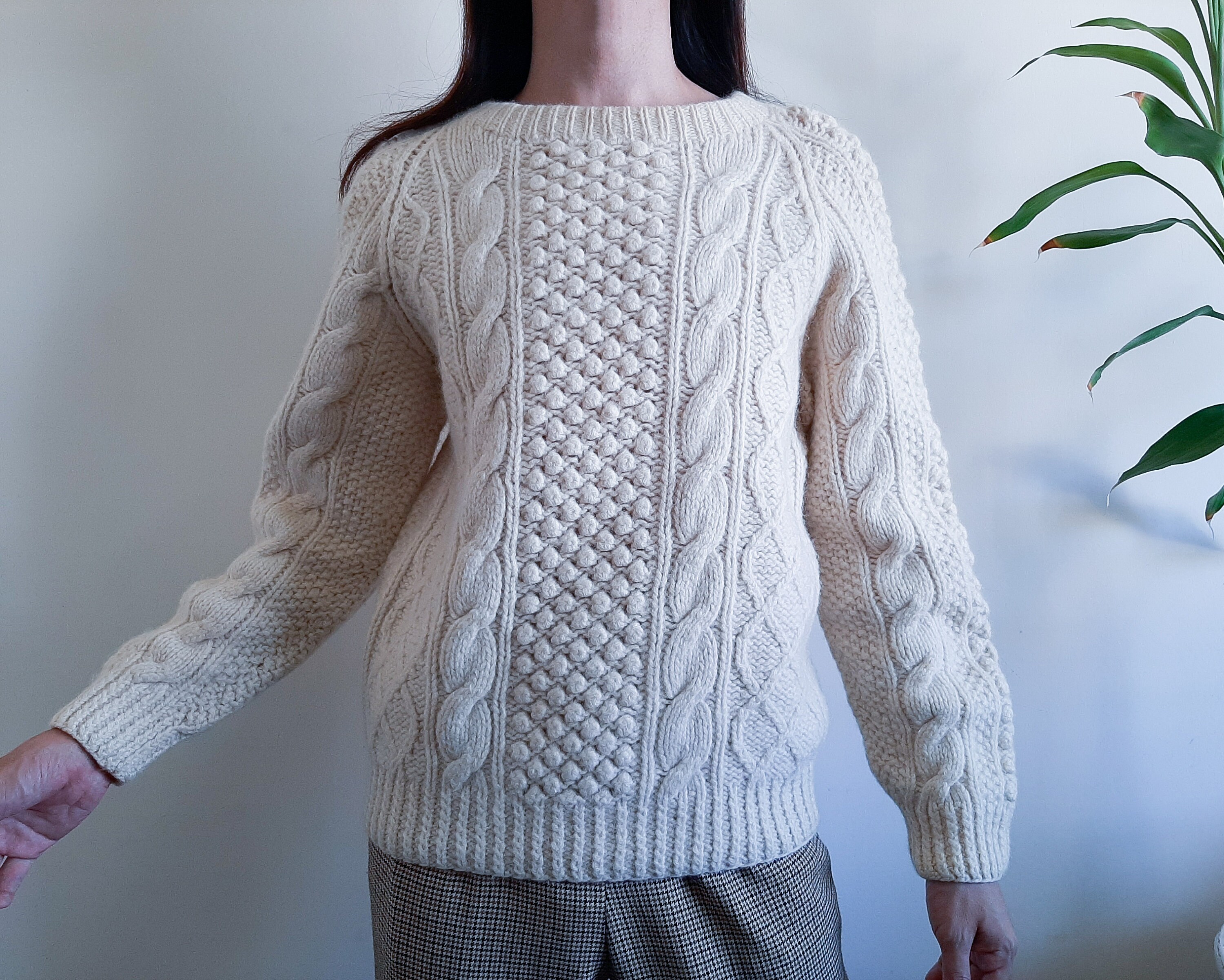 Vintage cream cable knit hooded sweater