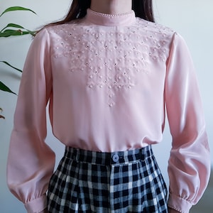 Vintage 1970s Pink Hand Embroidered Blouse High Neck Back Button Blouse Handmade Detail Top Sweet Pink Blouse Edwardian Romantic Blouse