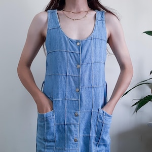 Vintage 90s Patchwork Denim Dress Faded Glory Denim Dress Button up Dress Jeans Sleeveless Dress With Tie Waist Summer Blue Denim Dress