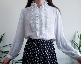 Vintage Polka Dots Striped Sheer Blouse Ruffle High Neck Chiffon Shirt Victorian Romantic White Blouse Ruffle Collar Top Size M