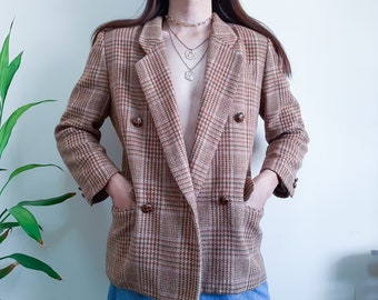 Vintage Wool Brown Plaid Double Breasted Blazer Size M Womens Blazer Mens Blazer Classic Brown Tartan Plaid Unisex Blazer