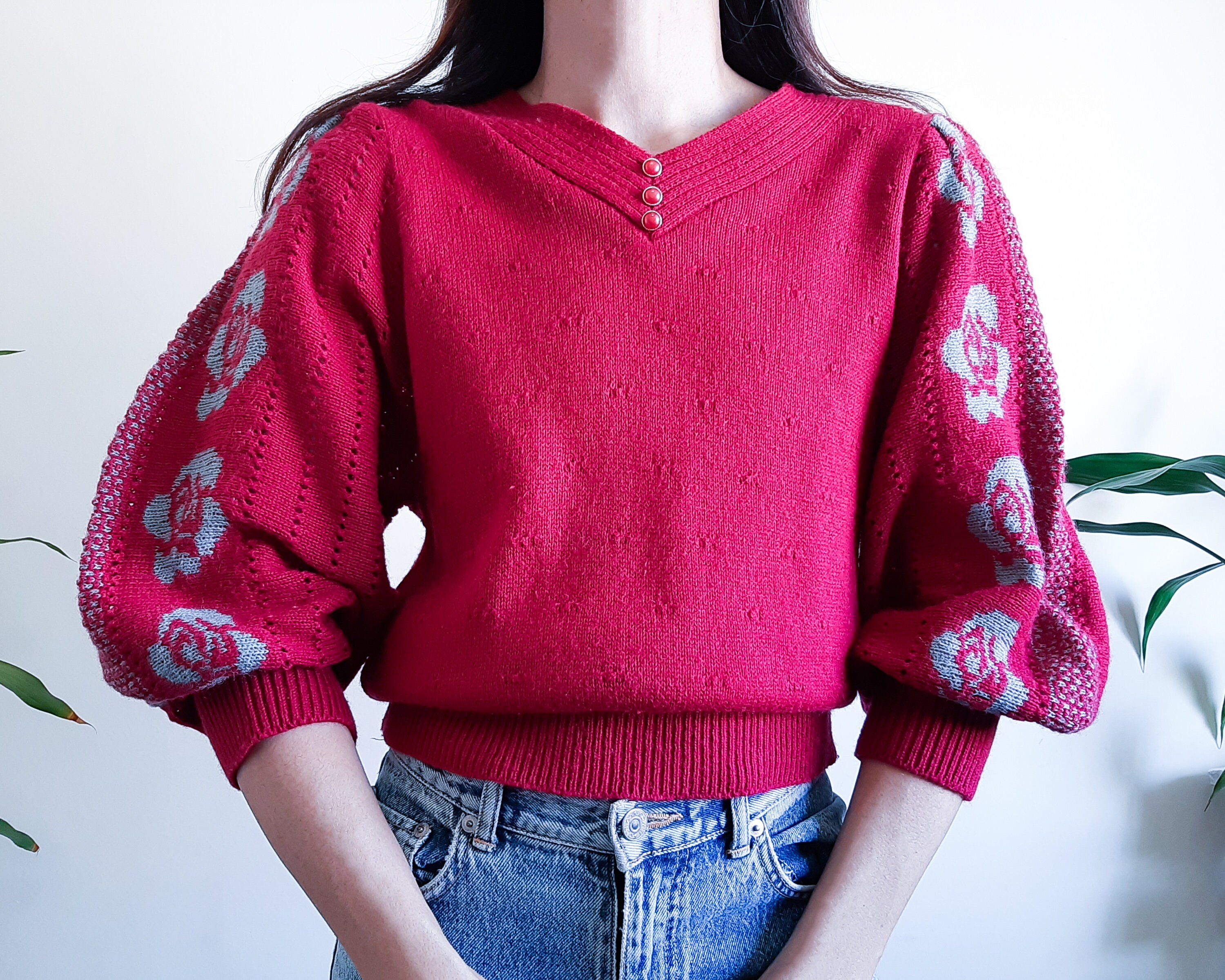 Vintage Pink Knitwear Puff Sleeve Top Pullover Knitwear Floral 