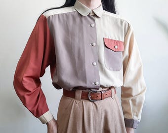 Vintage 80er Jahre Color Block Shirt Erdtöne Abstrakt Button Up Oversized Japan Bluse M-L