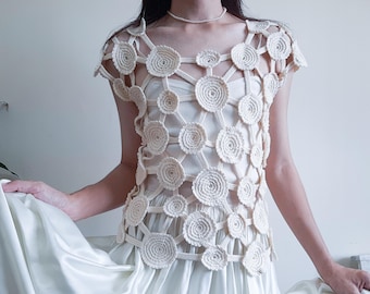 Vintage Cream Crochet Top Macrame Top Summer Cotton Top Beach Crochet Top Hippie Boho Top Summer Festival Top