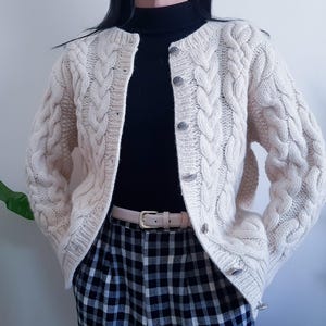 Vintage Fisherman Cardigan Sweater Irish Cable Knit Chunky Cream Wool Cardigan Aran Cardigan Button Up Sweater Classic Style Size Medium