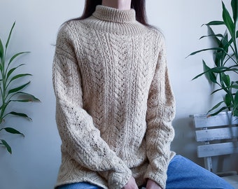 Vintage Brown Wool Hand Knit Long Sweater High Collar Sweater Chunky Knit Pullover Sweater Mock Neck Sweater Cable Knit Sweater