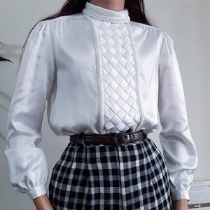 70s White Satin Blouse High Neck Puff Sleeve Braided Front Detail Back Button Blouse Romantic Minimalist Blouse Feminine Top Victorian Style