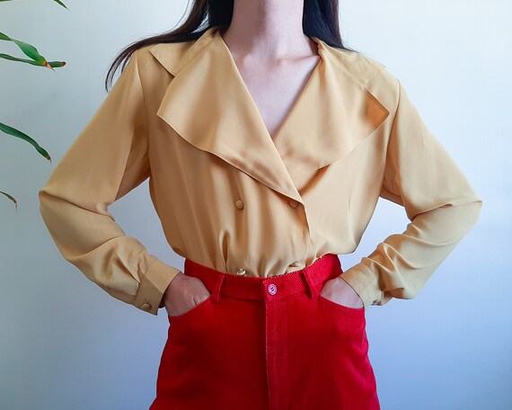 MILA SCHÖN Mustard Yellow Double Breasted Chiffon Blouse Long Sleeve Blouse  Womens Size M Vintage 80s Sheer Shoulder Pads Blouse Big collar