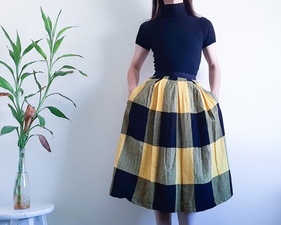 Jupe plissee a carreaux jaune noir vintage INED Jupe en laine et lin Taille 27 pouces Jupe plissee a carreaux classique avec poches Etsy France