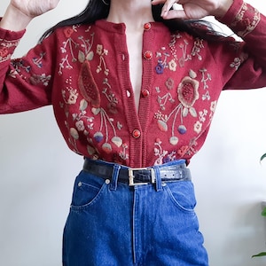 Vintage 60s Floral Embroidered Cardigan 3D Hand Embroidered 100% Wool Cardigan Chunky Knit Cardigan Unique Hand Embroidered Cardigan Sweater