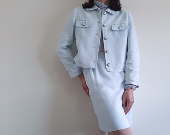 COURREGES Vintage 2 Piece Set Blue Pastel Jacket Skirt Size S Button up Jaket Pencil skirt Set Vintage Pastel Two Piece Jacket Skirt Set