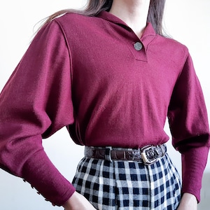 Vintage Wine Red Knit Sweater Puff Sleeve Sweater Wool Pullover Sweater Jumper Sweater Wool Knit Top Long Sleeve