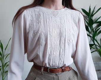 Vintage 70s Pink Tan Hand Embroidered Blouse Button Back Blouse Edwardian Romantic Minimalist Blouse Cottagecore Blouse Womens Blouse Size M