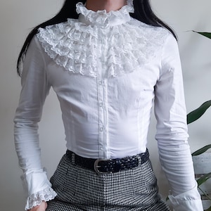Vintage White Ruffle Shirt Lace Ruffle High Collar Slim fit Shirt Romantic Victorian Top Style Poet Sleeve Blouse Cotton With Spandex Shirt