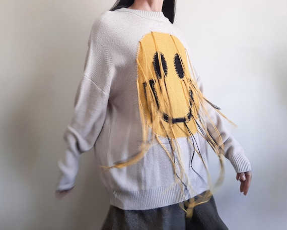 Loewe, LOEWE Paula Ibiza SMILEY Face Fringe Knit Sweater Oatmeal Oversized Top SS2020 Rere Limited
