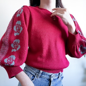Vintage Pink Knit Puff Sleeve Sweater Pullover Rose Knitted Top Floral Puff Sleeve Knit Top V-Neck Womens Half Sleeve Sweater
