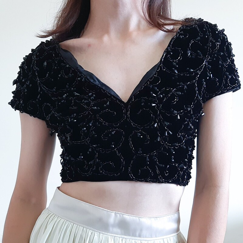 cropped floral sequin top