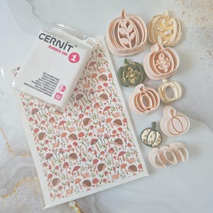 Peut inclure: Un paquet de pâte polymère Cernit Number One blanche, une feuille rectangulaire avec un motif répétitif de champignons, hérissons et escargots, et plusieurs emporte-pièces en plastique en forme de citrouille rose pâle et vert sauge.