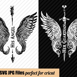 Couple Matching Hoodies Svg Download His Angel Her Guardian Black White Color Wings Sword Engagement Pre Wedding Shoot Png Angel Wings