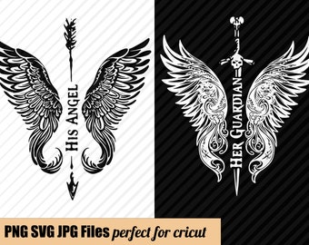 Couple Matching Hoodies Svg Download His Angel Her Guardian Black White Color Wings Sword Engagement Pre Wedding Shoot Png Angel Wings