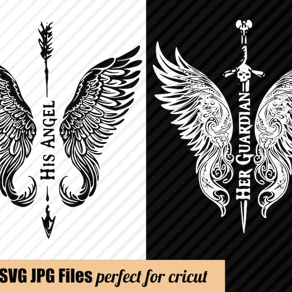 Couple Matching Hoodies Svg Download His Angel Her Guardian Black White Color Wings Sword Engagement Pre Wedding Shoot Png Angel Wings