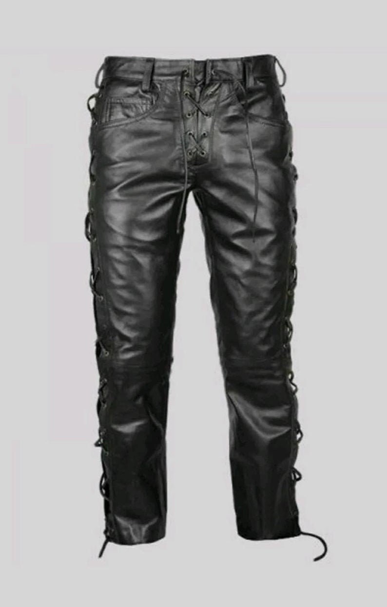 Men/'s Genuine High Quality Leather Pants Bluff Gay New Design /& Leather Laces Motorbike Style Pants Trousers