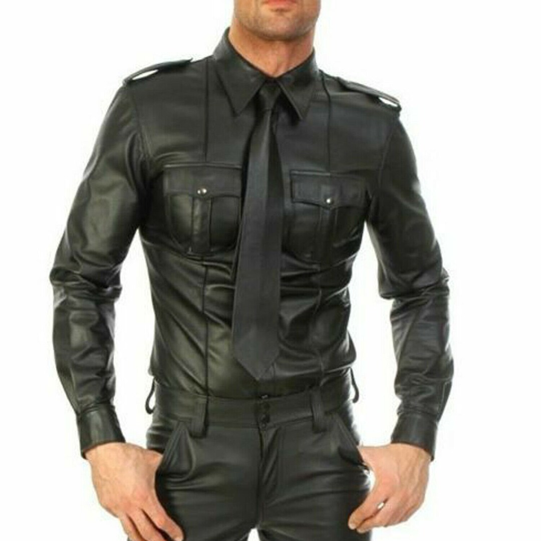 Men's Real Black Leather Police Military Style Party - Etsy