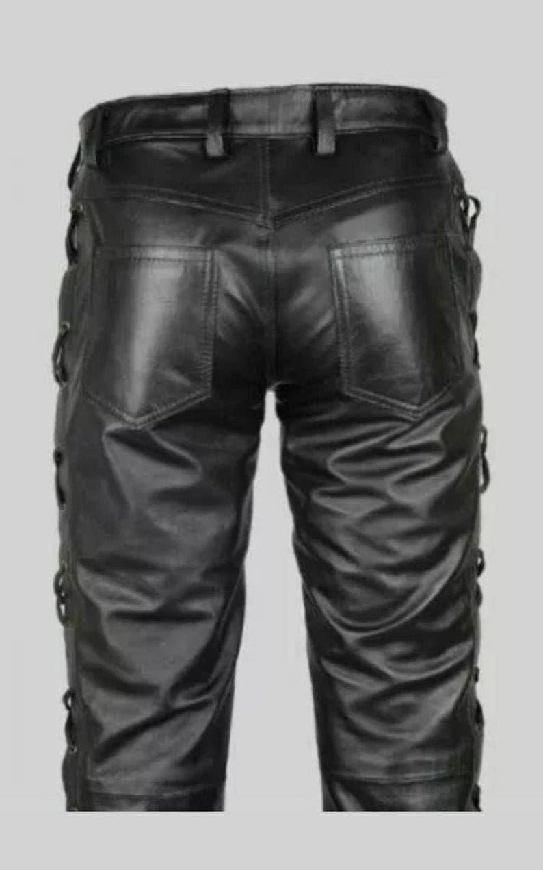 Men/'s Genuine High Quality Leather Pants Bluff Gay New Design /& Leather Laces Motorbike Style Pants Trousers