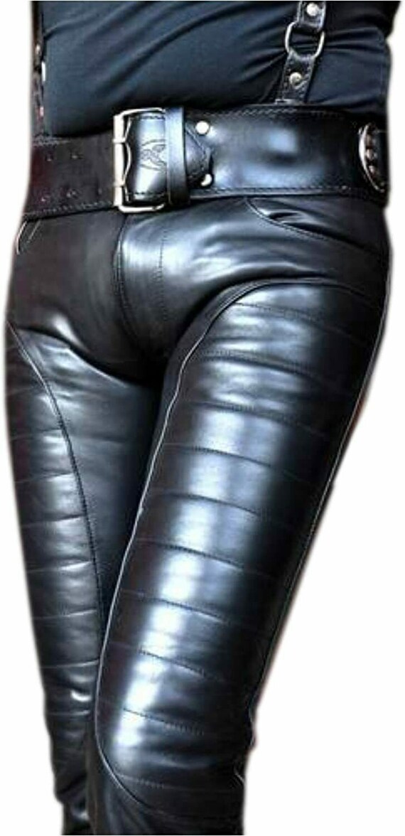Mens Leather Jeans Pants trouser Premium Quality Cow Plain Leather Black 