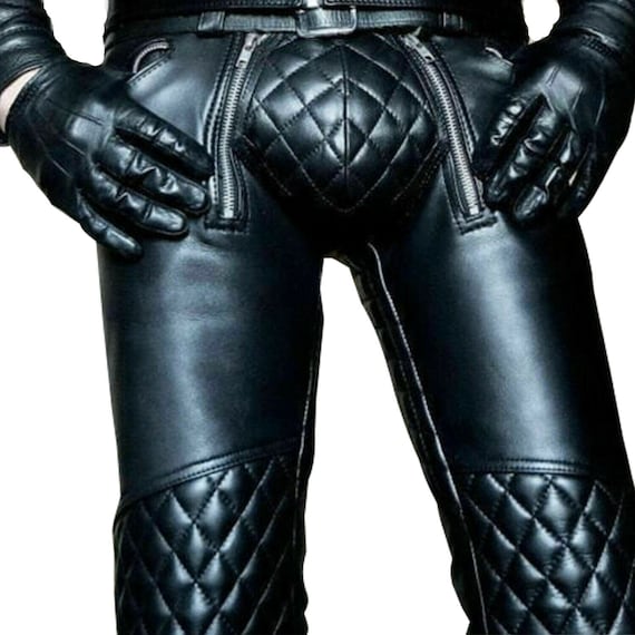 Men's Real Cowhide Leather Pants Punk 