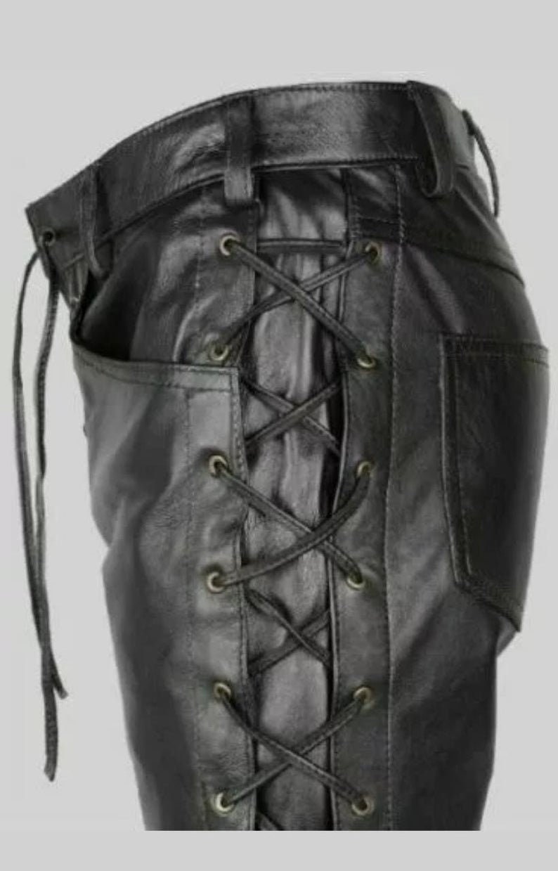 Men/'s Genuine High Quality Leather Pants Bluff Gay New Design /& Leather Laces Motorbike Style Pants Trousers