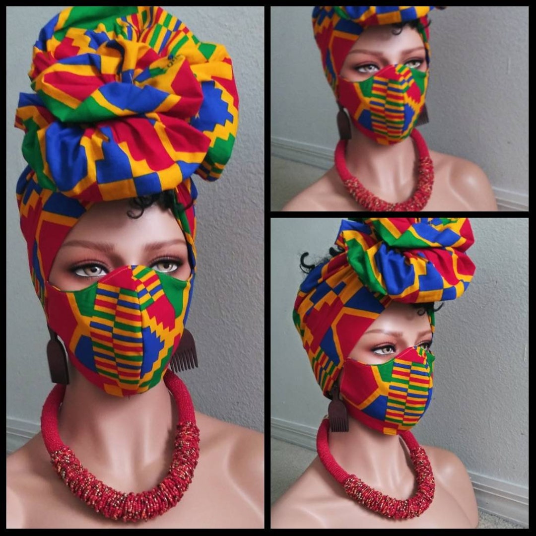 African Kente Print Head Wrap and Face Mask| Ankara Face Mask and Head ...