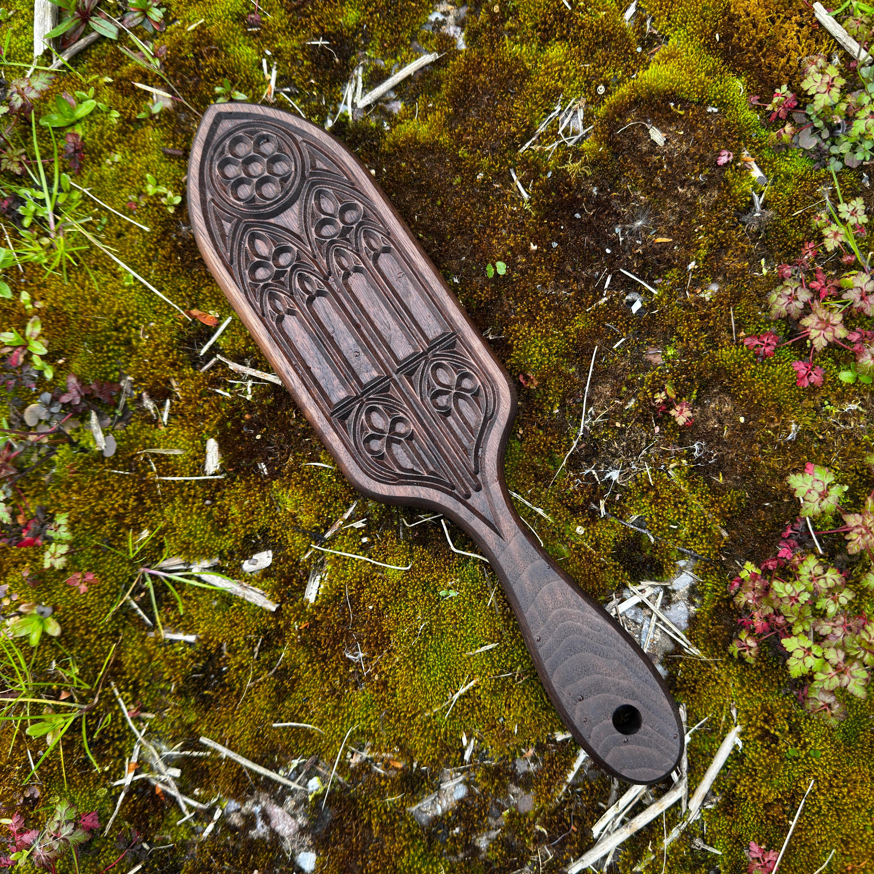 Hand made BDSM Paddle Walnut Wood Impact Paddle Gothic Style Spanking Paddle Artisan Kink Gift Handmade Dungeon Decor