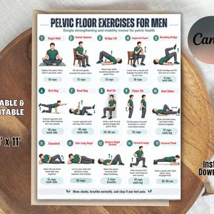 Könnte beinhalten: Ein weißes Informationsblatt mit dem Titel Pelvic Floor Exercises for Men, das fünfzehn nummerierte Übungsillustrationen mit Anleitungen zeigt. Das Dokument enthält den Text Editable & Printable, 8.5 x 11, und Instant Download.