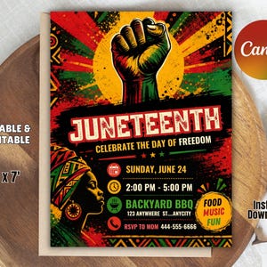 May include: A rectangular Juneteenth event flyer featuring a raised fist in red, black, and green against a yellow sunburst. It includes the text JUNETEENTH, CELEBRATE THE DAY OF FREEDOM, Sunday June 24, 2:00 PM - 5:00 PM, BACKYARD BBQ, and RSVP TO MOM 444-555-6666.