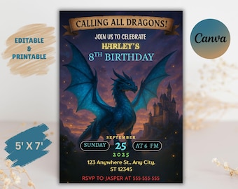 Blue Gold Dragon Birthday Invitation, Editable Canva (Instant Download)