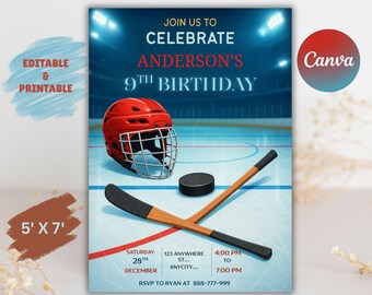 May include: A hockey-themed birthday invitation featuring a red helmet, hockey stick, and puck on a blue ice rink background. The invitation reads "Join us to celebrate Anderson's 9th Birthday" with event details. The invitation is 152cm x 213cm.