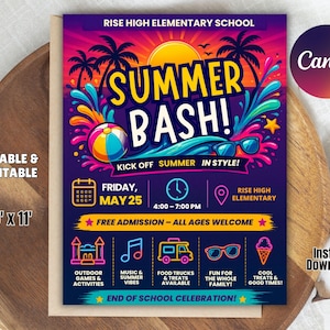 Op de afbeelding: Een levendige poster voor een "Summer Bash" evenement op Rise High Elementary School. Het ontwerp toont een kleurrijke strandbal, zonnebril en palmbomen tegen een zonsondergang. Het evenement is op 25 mei, 21.6 x 27.9 cm.