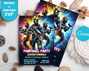 May include: A colorful invitation for a paintball party with a neon pink and blue design. The invitation features a group of people wearing paintball gear and holding paintball guns. The text on the invitation reads "Paintball Party" and "Jackson Turning 8".